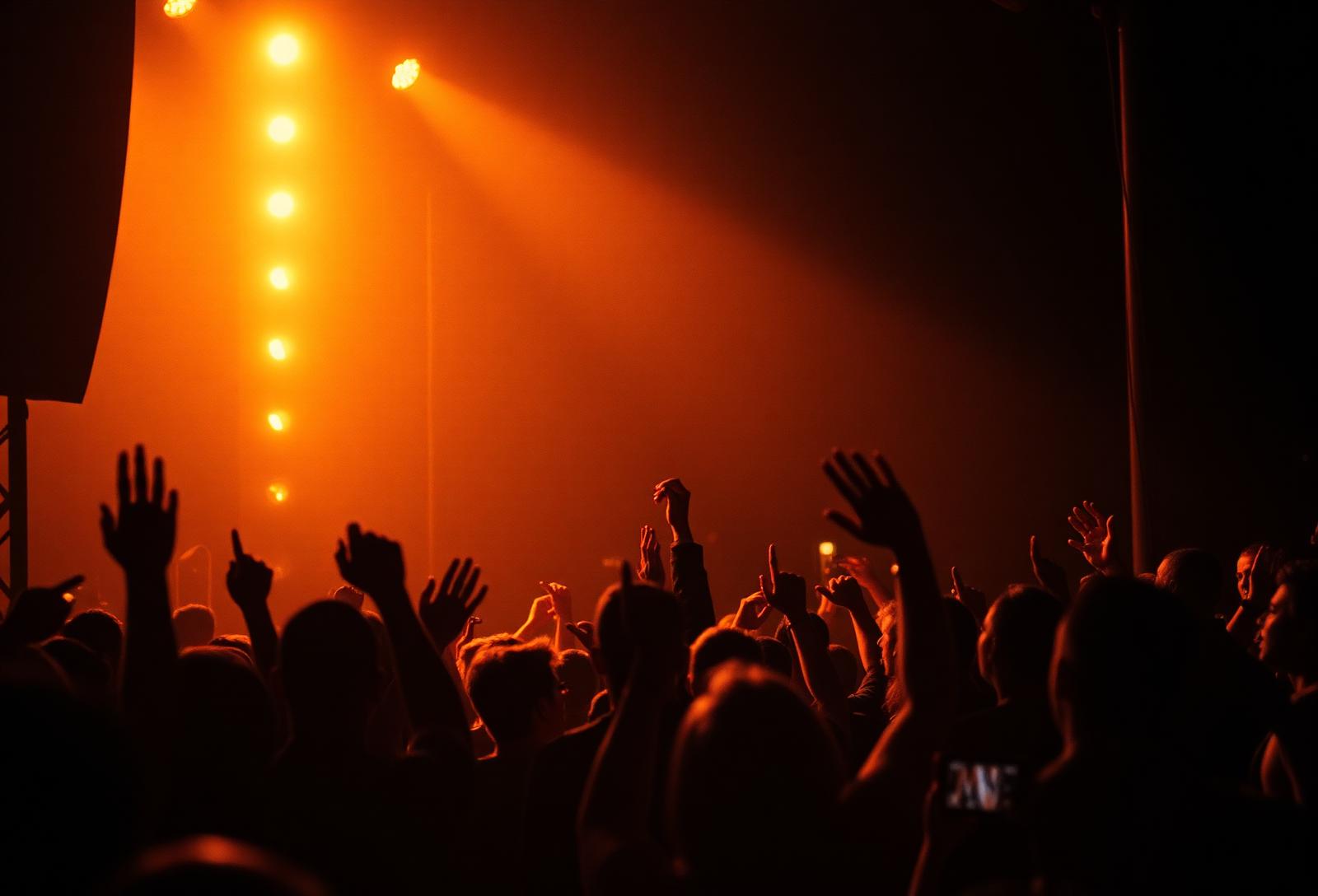 A crowd with raised hands in warm stage light at an outdoor gospel festival.