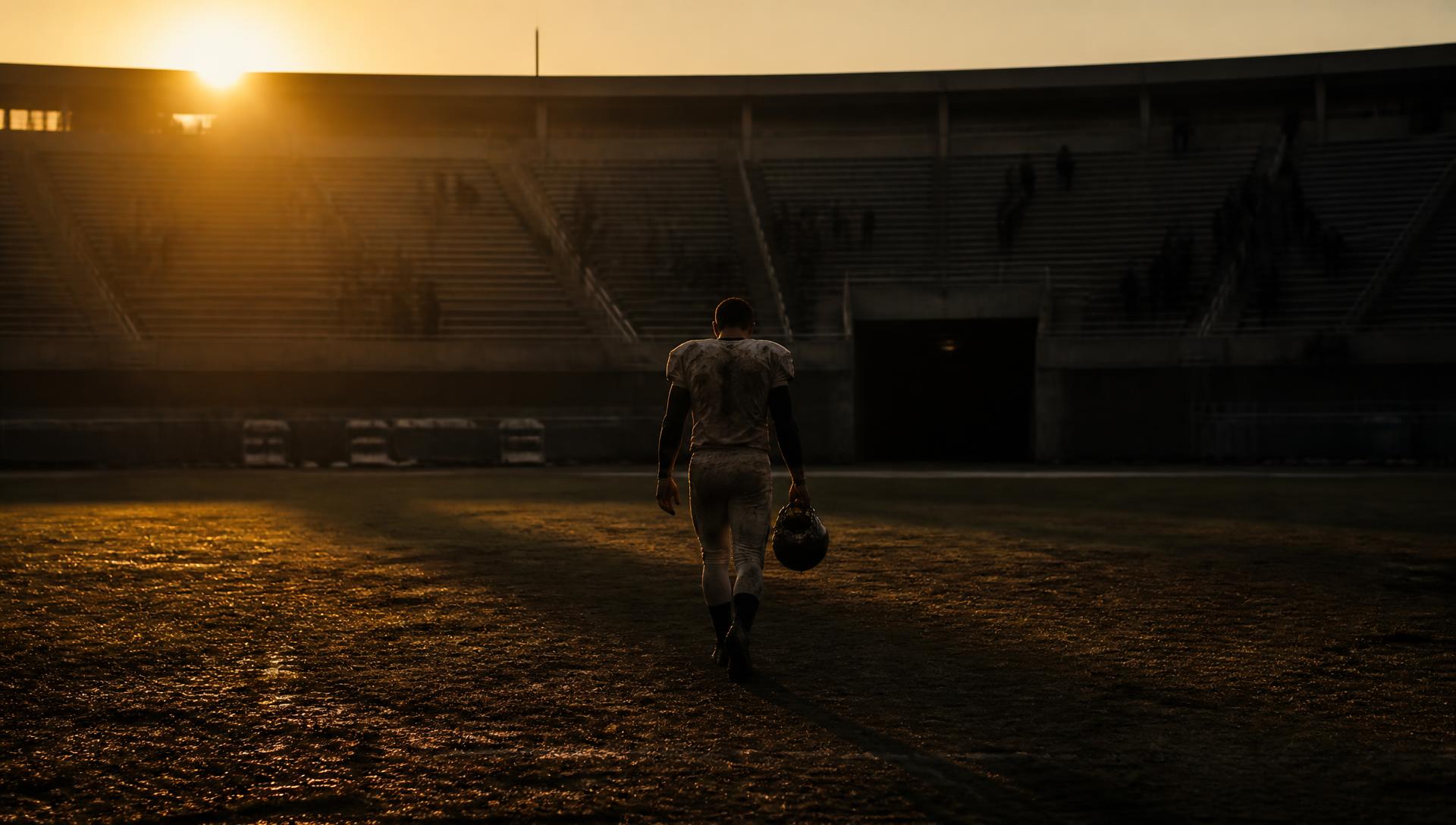 A lone athlete in a dirtied uniform walking off the field toward the locker room tunnel as the stadium empties at sunset